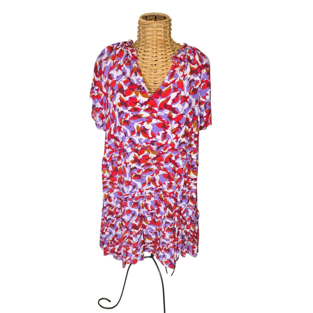 Anthropologie Purple Red Leaf Print Dress Sz XL
